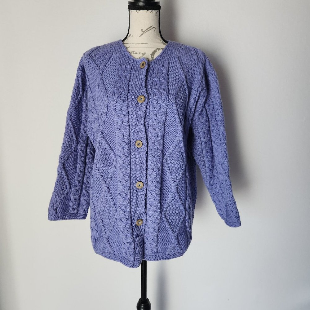 Connemara Knit Wear Ireland 100% Merino Wool Chunky Cable Knit Cardigan Purple